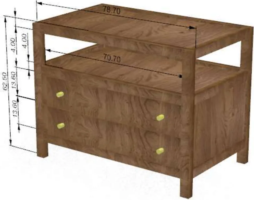 3D model of a nightstand with dimensions